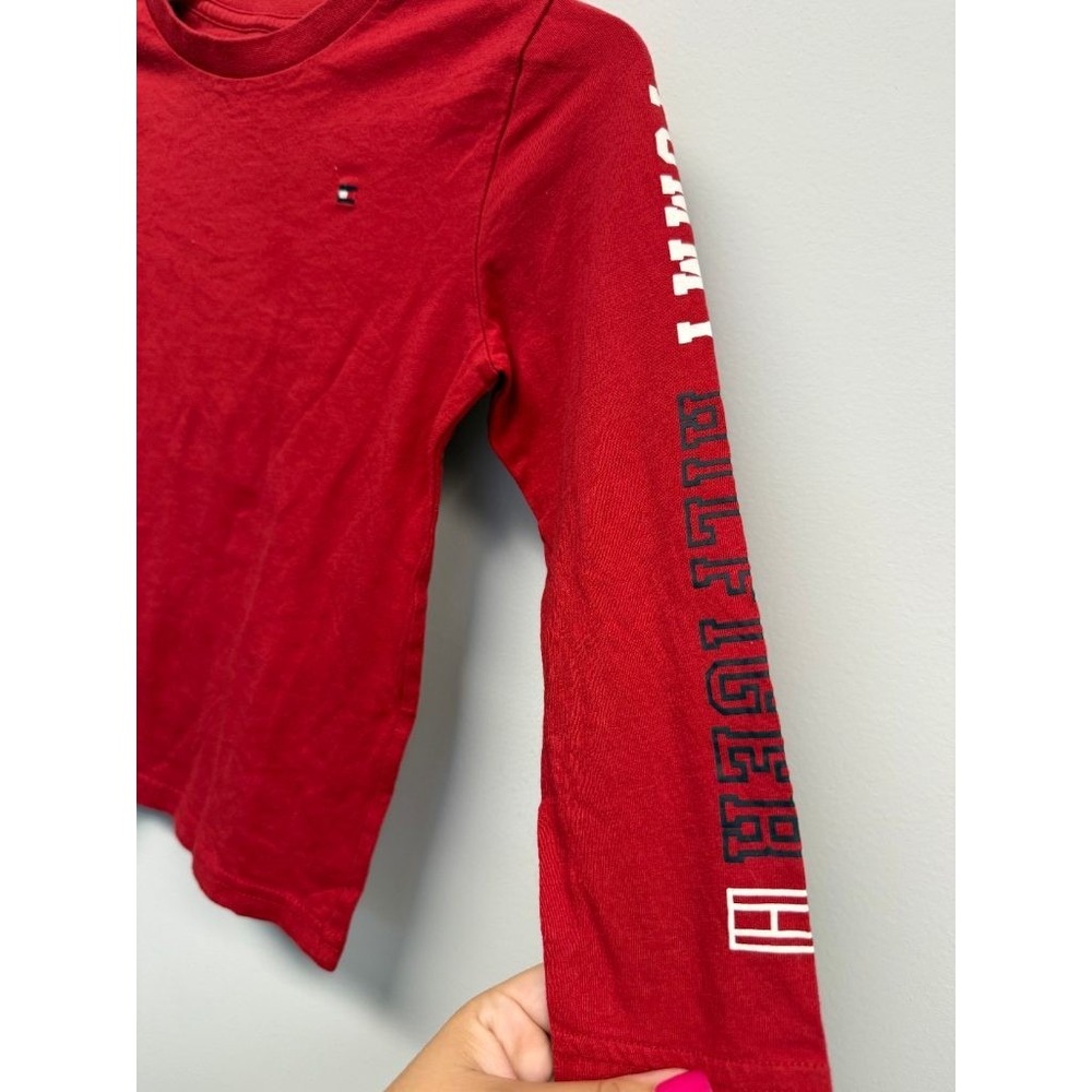 Tommy Hilfiger Boys Size 5 Red Long Sleeve Shirt Logo Sleeve Cotton Tee - Picture 4 of 5